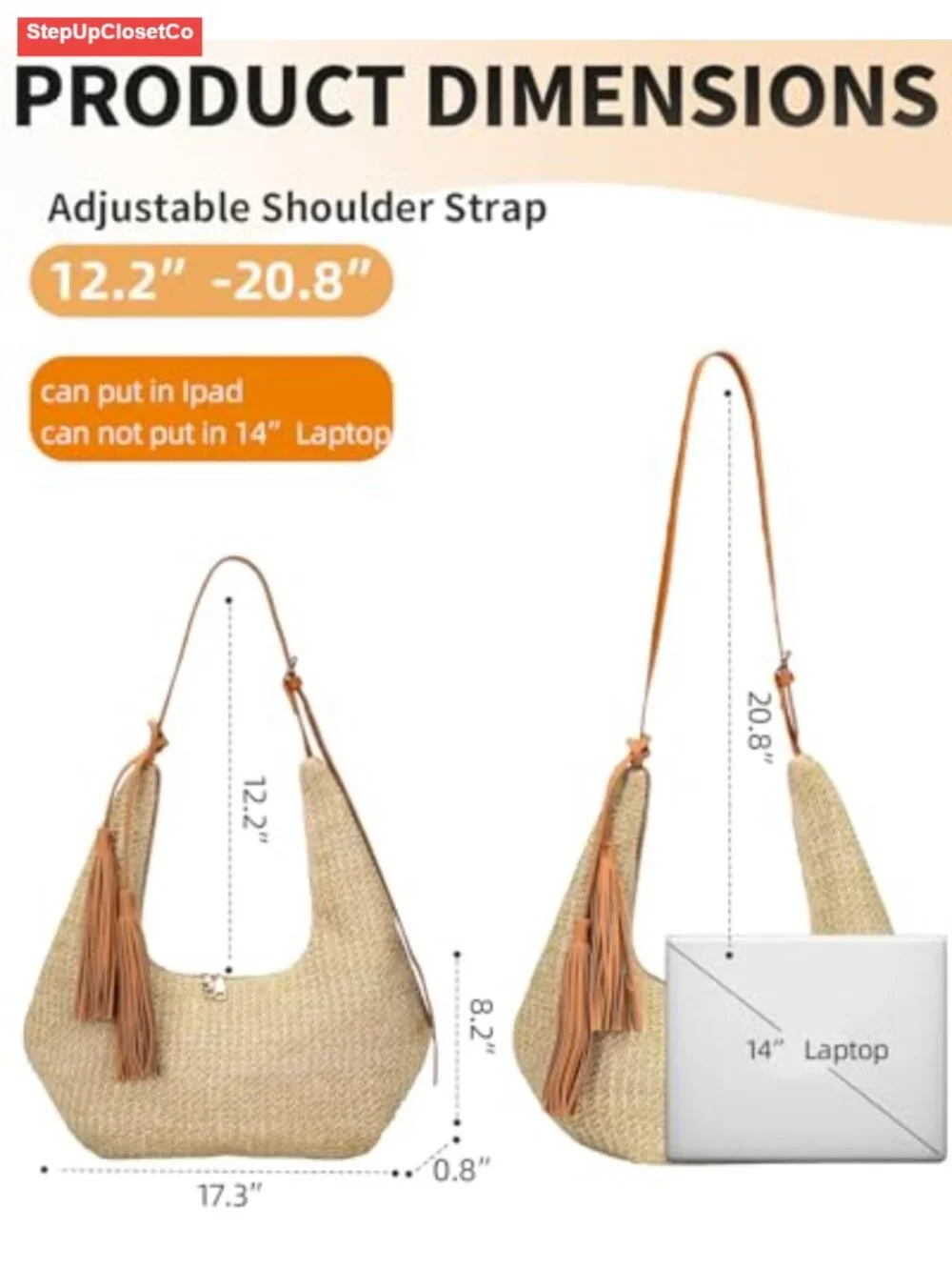 Handwoven Straw Fringe Hobo Shoulder Bag with Removable Tassel, Crossbody